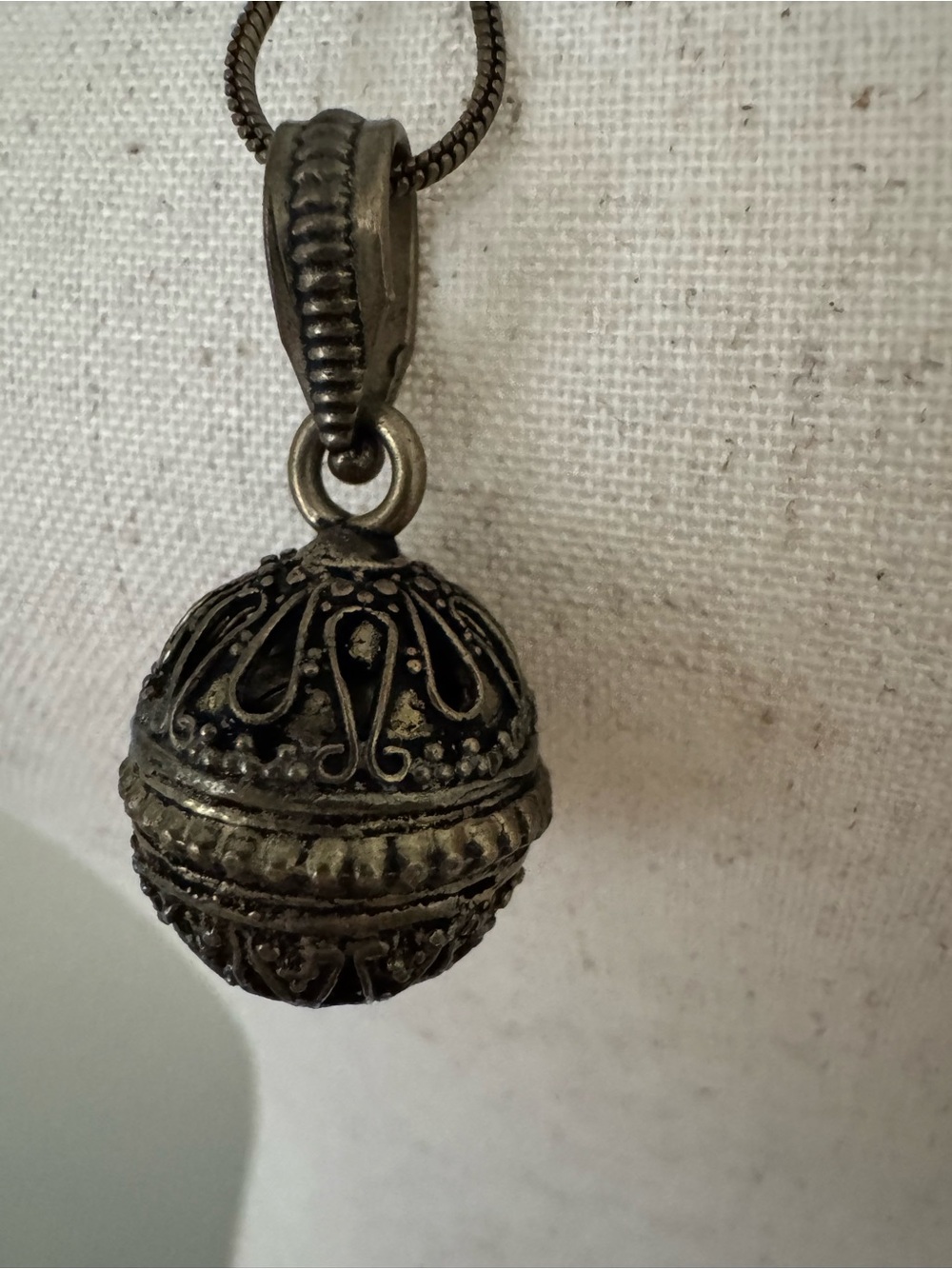 Antiqued Brass Filigree Bell Pendant Long Snake Chain Necklace